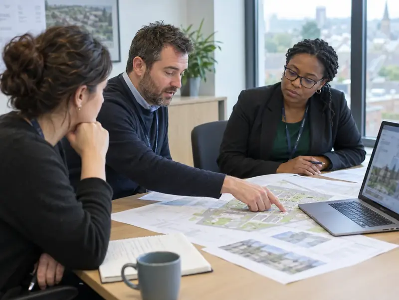 Three professionals reviewing housing scheme plans around an office table
