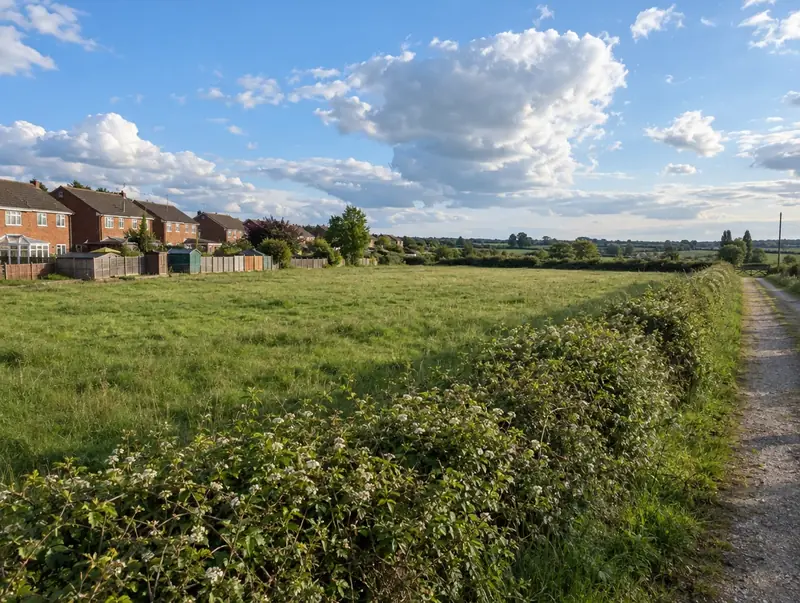 Grass field bordered by a hedgerow, with the backs of a housing estate along one side