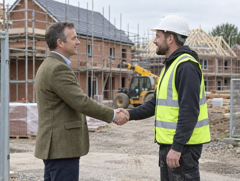 Landowner and site manager shaking hands at the entrance to a housing site under construction