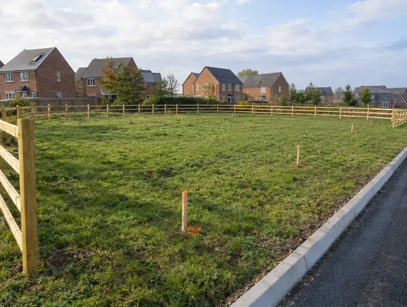Level greenfield development plot with a new timber fence, survey pegs and a new estate road kerb