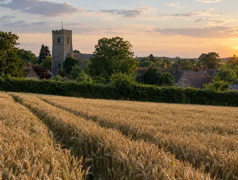 Ripe wheat field edge with a village church tower and rooftops beyond the hedge